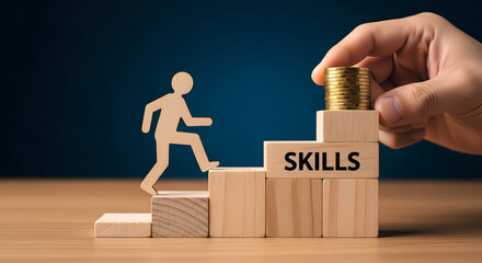 Wooden figure climbing blocks labeled "skills" towards a stack of coins symbolizing career growth and investment in personal development for future success and financial stability
