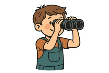 Happy young boy in overalls looking through binoculars, exploring and searching for adventure