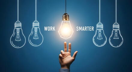 Conceptual artwork showcasing the idea of working smarter featuring a hand reaching towards a glowing lightbulb surrounded by sketched bulbs on a blue background emphasizing innovation and efficiency