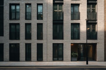 Obraz premium Modern residential building showcases stylish architecture with balanced windows and clean lines on an urban street during daylight hours