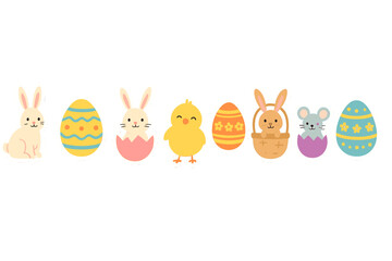 Cute Easter holiday set with rabbits, baby chick, mouse, and colorful patterned eggs
