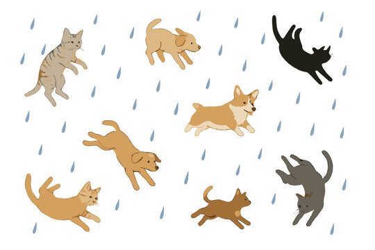 Playful cats and dogs running and jumping in a seamless pattern with raindrops