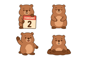 Fototapeta premium Adorable cartoon groundhog character set showing different poses for the February 2nd holiday