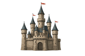 Fototapeta premium Majestic fantasy castle with tall towers and stone walls isolated on a white background