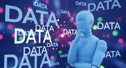 Artificial intelligence ponders data analytics and machine learning insights with a futuristic robot figure surrounded by floating data points and glowing bokeh effects in a digital space