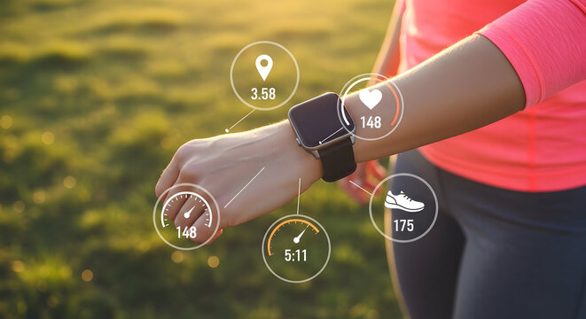 Woman checks fitness tracker smartwatch during outdoor workout monitoring heart rate distance pace and steps for health and wellness using wearable technology for data analysis