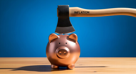 Axe labeled inflation poised to strike a piggy bank on a wooden surface against a blue background representing financial risk economic challenges and the impact of rising prices on savings
