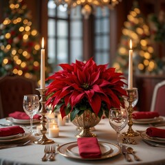 Elegant Christmas dinner table with silverware, crystal glasses, and a centerpiece of poinsettias and candles, sophisticated holiday feast. 
