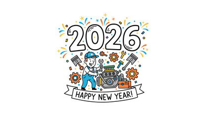 2026 New Year celebration illustration for mechanics auto repair and automotive business industry
