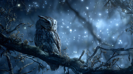 Enchanted night forest with a wise owl resting on a branch under starry sky