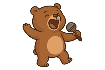 Fototapeta premium Cute cartoon bear mascot singing passionately into a microphone on stage