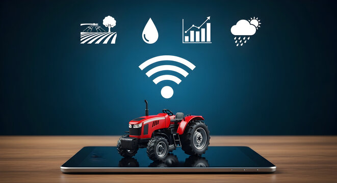 Red tractor on a tablet showcasing smart farming technology and agricultural innovation with data analytics weather monitoring and precision irrigation for sustainable agriculture