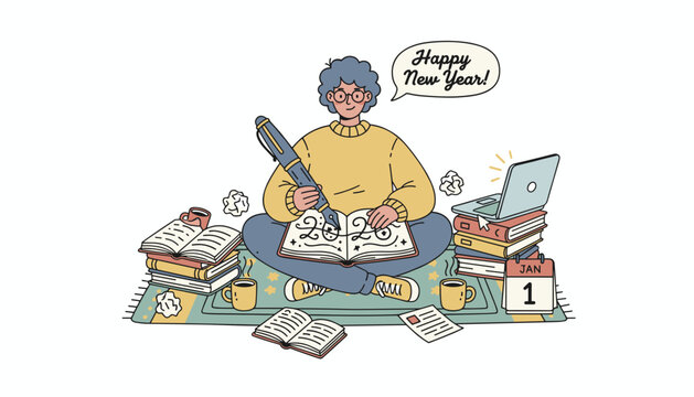 Planning New Year goals and resolutions Writing in a journal on January 1st illustration