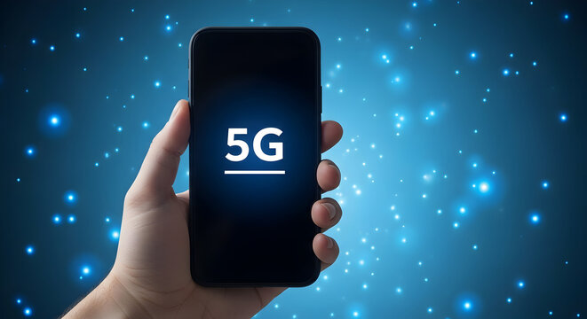 Hand holding a smartphone displaying the 5g network symbol against a blue bokeh background showcasing technology and connectivity for mobile communication and high speed internet access