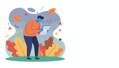Man using a digital tablet outdoors Modern flat illustration of connection technology and nature