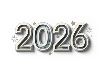 2026 metallic 3D digits with stars and snowflakes on white background. Clean winter holiday paper cut typography for New Year and Christmas graphics and seasonal decorative design.