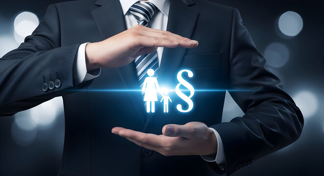 Man in suit protects family and paragraph symbol representing legal protection and family law with hands symbolizing insurance custody and legal guardianship in a professional setting