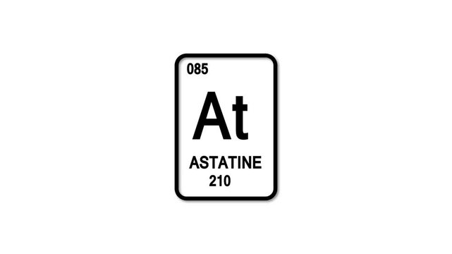 astatine  at  Element 85 of the Periodic Table. Design shows name, atomic weight and element number. white background.	