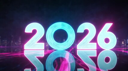 Neon-lit "2026" floats above a reflective surface, cityscape below, dark sky - Powered by Adobe