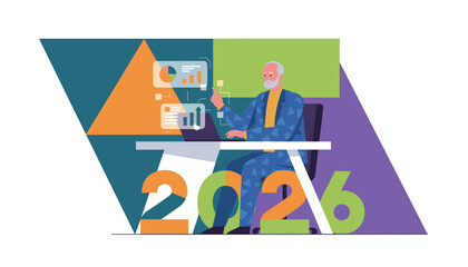 Senior manager analyzes 2026 business plan and financial data using modern technology visualization