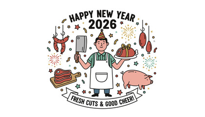 Happy New Year 2026 graphic featuring a butcher with ham cleaver pork sausages and festive confetti