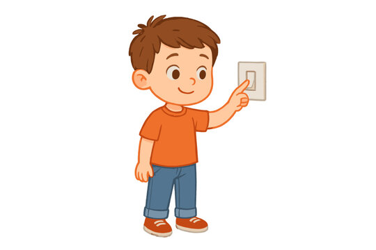 Cheerful young boy smiling while operating a wall-mounted light switch with his finger