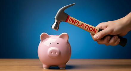 Hammer with the word inflation about to hit a pink piggy bank on a wooden table against a blue background representing financial risk economic challenges and the impact of rising costs on savings