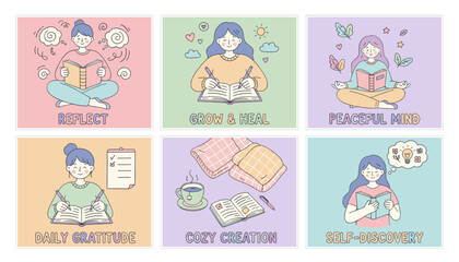 Pastel illustration set for mental wellness reflection selfdiscovery gratitude journaling and peace