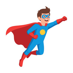 Cartoon superhero boy flying with red cape and blue suit.