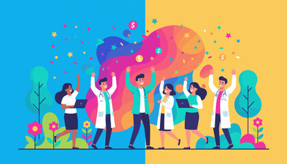 Successful healthcare team celebrates achievement with joy and falling money