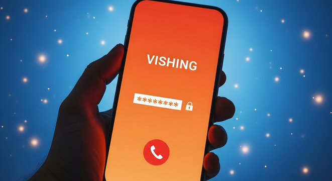 Smartphone displaying a vishing scam attempt with a password field and call icon against a blue background with bokeh lights highlighting cybersecurity threats and online fraud awareness