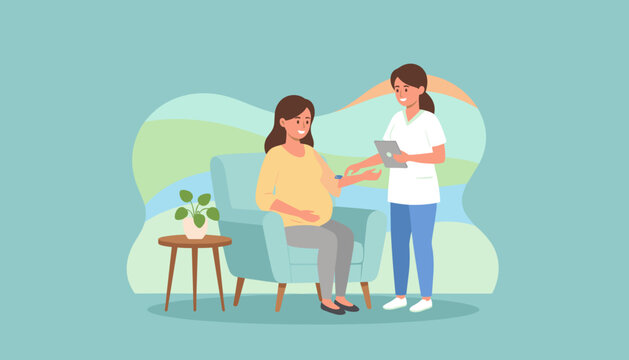 Nurse checks happy pregnant womans blood pressure during maternity checkup Home healthcare