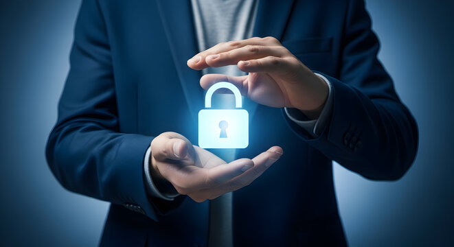 Man in a blue suit protects a glowing padlock in his hands symbolizing data security privacy and protection against cyber threats with a focus on digital safety and secure access online - Powered by Adobe