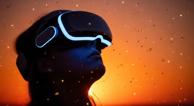 Person wearing virtual reality headset experiencing immersive digital world with glowing particles in warm sunset light - Powered by Adobe