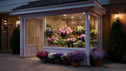 Fototapeta premium Charming floral boutique at twilight showcasing colorful bouquets and potted plants in illuminated display and outdoor planters