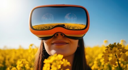 Young woman wearing VR headset experiencing immersive virtual reality in a bright yellow field