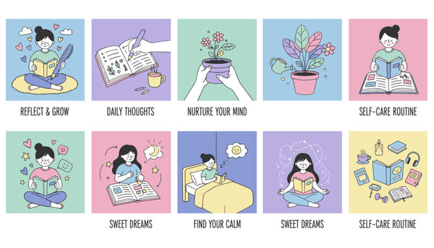 Daily selfcare habits journaling reading gardening and relaxation routines Vector illustrations