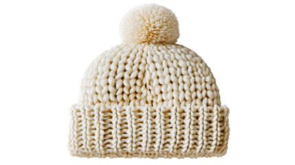 A white wool winter hat, a knitted beanie with a pompom, a warm headwear for snow, a soft fashion accessory, a handmade clothing object for cold days.