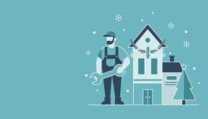 Professional handyman with wrench offers home repair service during the winter holiday season