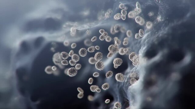 Microscopic biofilm matrix formation with diverse microorganisms producing extracellular polymeric substances, ultra-macro slow motion video footage