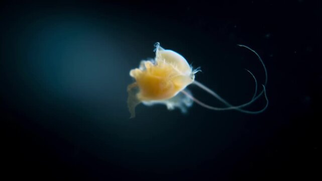 Bioluminescent microscopic organism drifting in deep dark underwater environment, slow organic movement video footage