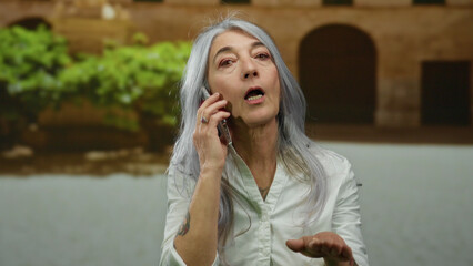 Senior woman with grey hair on a call outside an old university setting, gesturing expressively, highlighting a serene yet engaged outdoor communication moment.