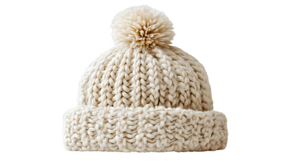 Obraz premium A beige wool beanie with a pompom isolated transparent, a knitted winter hat for cold days, a warm headwear accessory, a soft fluffy ski cap, a fashionable clothing object.