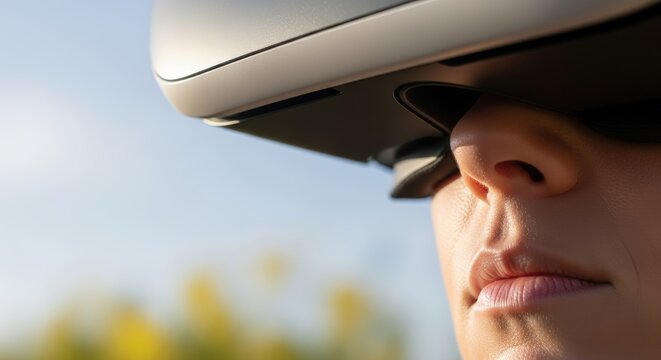 Close up of a woman's face wearing virtual reality headset in outdoor natural setting with soft sunlight and bokeh background - Powered by Adobe