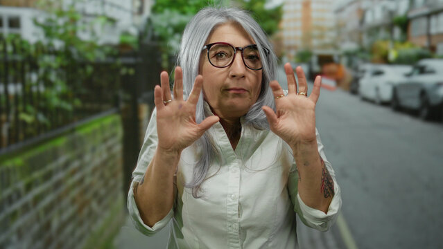 Senior grey-haired woman with glasses making playful gesture on a city street, blending seriousness with humor, against a backdrop of urban greenery and parked cars.