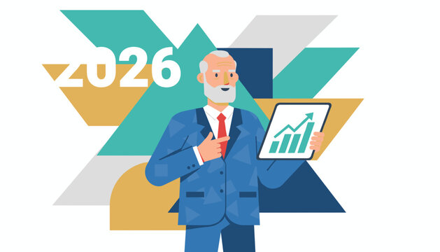 Senior businessman shows financial growth on tablet for the 2026 business plan