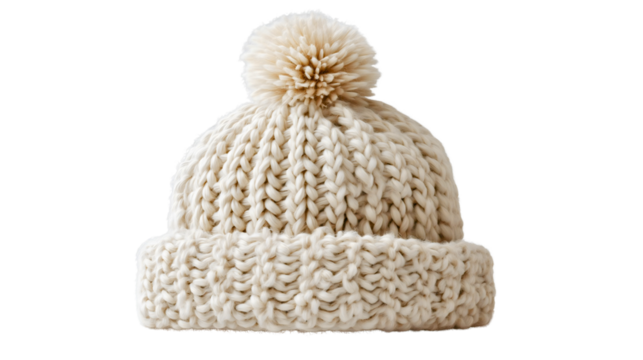 A beige wool beanie with a pompom isolated transparent, a knitted winter hat for cold days, a warm headwear accessory, a soft fluffy ski cap, a fashionable clothing object.