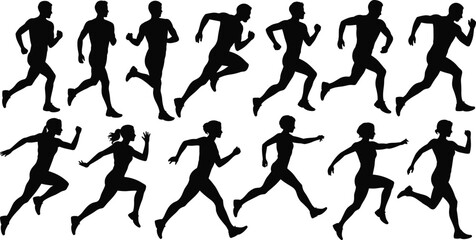PrintA vector set of running man and woman silhouettes in various dynamic sprinting, jogging, and exercising poses, representing fitness, marathon, and healthy lifestyle.