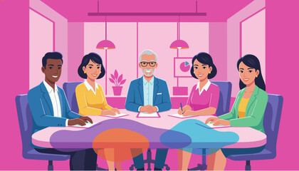 Diverse team meeting in a vibrant stylized conference room Collaboration and business concept