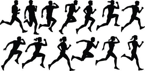 PrintA vector set of running man and woman silhouettes in various dynamic sprinting, jogging, and exercising poses, representing fitness, marathon, and healthy lifestyle.